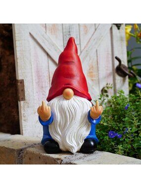Funny Middle Finger Gnome Statue 12.4in - Large Naughty Garden Decor & Lawn